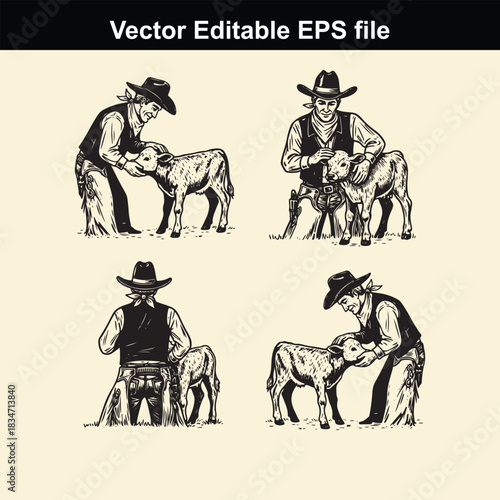 vintage style vector illustration set depicting four different views of a cowboy tenderly caring for a small lamb or sheep, perfect for agricultural or western themes