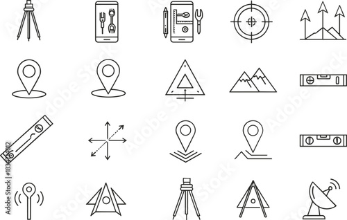 Surveying, Mapping, and Location Line Icons: Geodesy, GPS, Navigation, Target, Engineering, and Measurement Tools