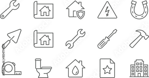Home Repair and Construction Tools Icons Set, Architecture, Plumbing, Safety, Blueprint, Maintenance, Outline Vector Collection