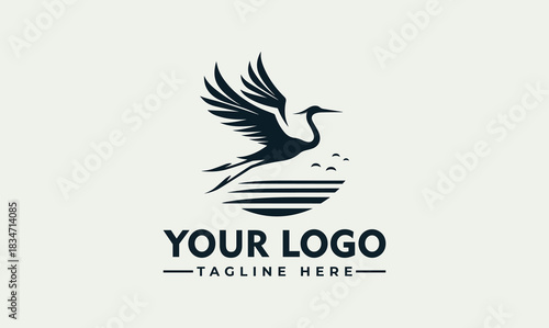 Elegant flying heron vector logo illustration over the sun with tagline for your company