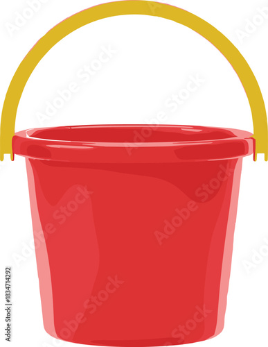 Red plastic bucket with yellow handle—simple vector illustration for kids, beach toys, cleaning tools, household items, and educational graphics.