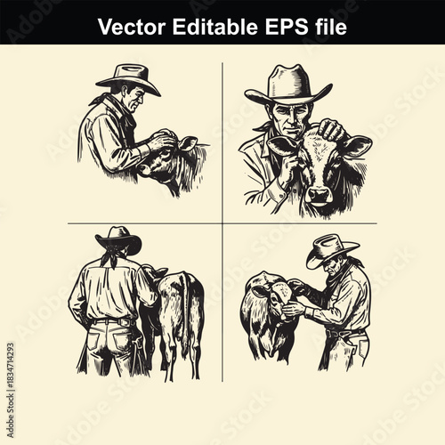 vector editable eps file featuring four black and white illustrations of a cowboy interacting with a cow, showing different closeup and rear views of the man and animal