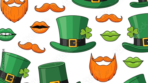 Festive St. Patrick's Day seamless pattern with green leprechaun hats, shamrocks, orange beards, mustaches, and green lips. Ideal for holiday celebration backgrounds