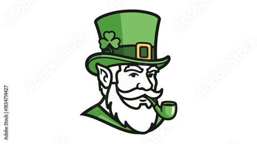 Detailed vector illustration of a mythical Irish folklore character, with a distinguished beard, green top hat, and pipe, representing ancient traditions and lucky charm