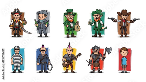 Character Illustrations Diverse Cartoon Figures Representing Various Professions and Roles for Design