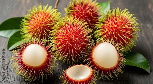 Fresh Ripe Rambutan Tropical Fruits on a Wooden Table.