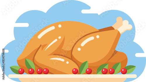 Delicious roasted turkey illustration with garnish, perfect for Thanksgiving graphics, holiday menus, festive designs, recipe blogs, and seasonal food content.