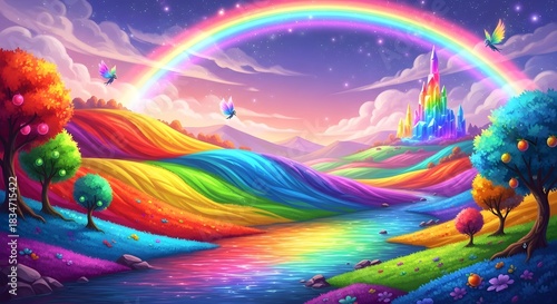 Vibrant Rainbow Fantasy Landscape with Castle.