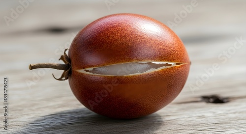 A single red tomato with a large split on a wooden surface.