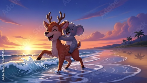 Happy Deer and Koala Friends on a Sunset Beach.