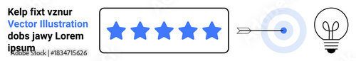 Customer satisfaction, business goals, innovation, precision, quality assurance, creativity. Five blue stars, a target symbol with an arrow and a light bulb. Customer satisfaction and business goals