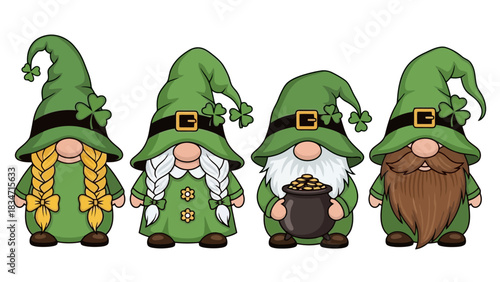 A festive collection of four adorable St. Patrick's Day gnomes dressed in green, celebrating the Irish holiday with shamrocks and a pot of gold