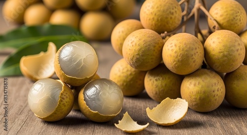 Fresh ripe longan fruit on a wooden table.