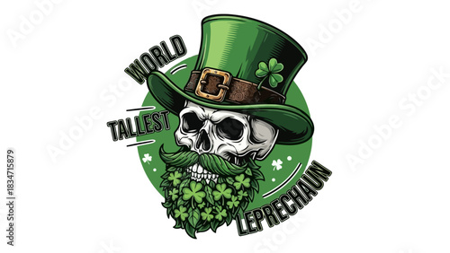 Creative St. Patrick's Day vector illustration featuring a skull as a leprechaun with a lush green shamrock beard and a classic top hat