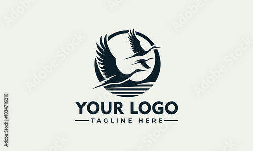 Two flying geese over water in a circular emblem vector. logo. illustration