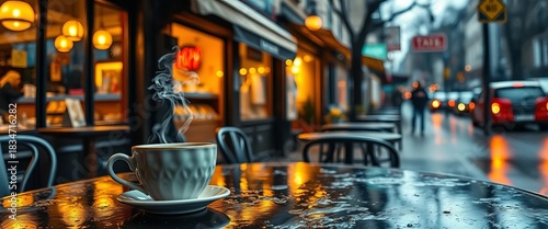 Steam rises from a ceramic coffee cup on a rain-slicked street's cafe table, warm shop lights glow,  abstract,  coffee shop