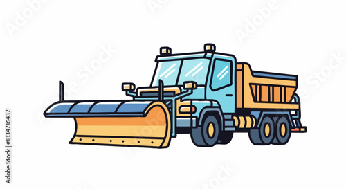 Cartoon Snow Plow Truck with Yellow Blade and Blue Cab.
