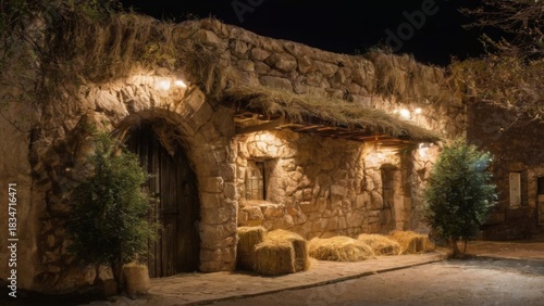 Rustic Nativity Scene: Old stone building with wooden roof, arched windows, hay bales, and warm glowing lights.