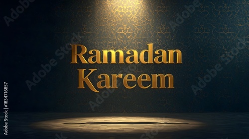 Elegant 3D gold “Ramadan Kareem” text illuminated by a soft spotlight on a patterned dark wall, creating a luxurious festive Ramadan atmosphere.