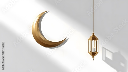 Elegant golden crescent moon and hanging lantern casting soft shadows on a white background, symbolizing Ramadan, Eid, and Islamic celebrations.