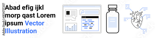 Data analytics, healthcare research, digital tools, medical education, health monitoring, pharmaceutical innovation. Analytics interface, medicine bottle annotated human heart. Data analytics