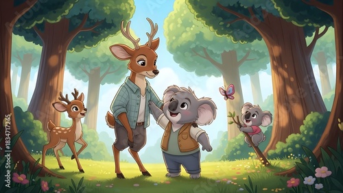 Cute Cartoon Deer and Koala Friends in a Sunny Forest.