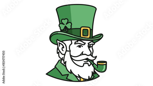 Cartoon illustration of a traditional Irish leprechaun with a green top hat, shamrock, and smoking pipe, a symbol of good luck and St. Patrick's Day