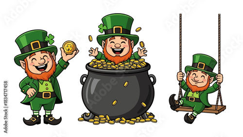 Cartoon leprechauns with gold coins and festive hats celebrating St
