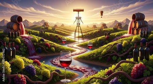 Surreal Vineyard Landscape with a River of Red Wine.