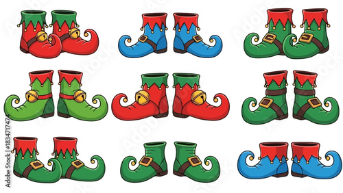 Colorful cartoon elf boots collection with bells and pointed toes, a whimsical assortment in red, blue, and green, ideal for festive holiday designs and magical themes