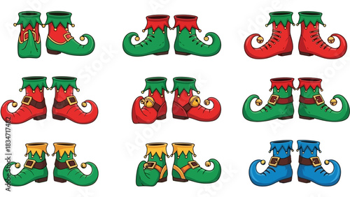 Collection of festive Christmas elf shoes in various colors and designs, perfect for holiday decorations and crafts