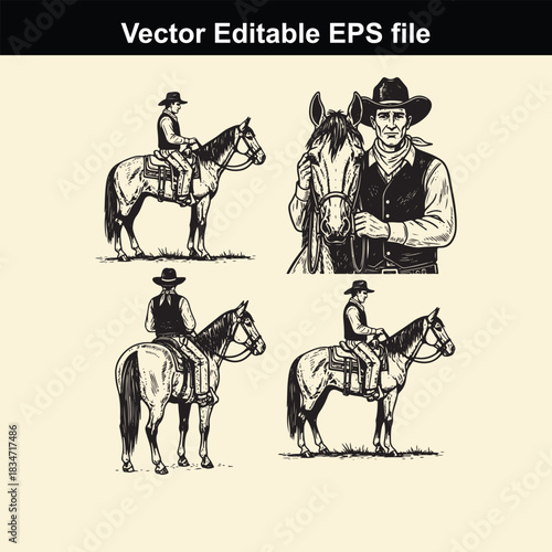 collection of vintage style vector illustrations depicting cowboys on horseback and a portrait of a cowboy with his horse, perfect for western theme design