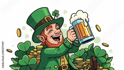 A cheerful leprechaun celebrating Saint Patrick's Day with a frothy beer and a pile of gold coins, surrounded by shamrocks