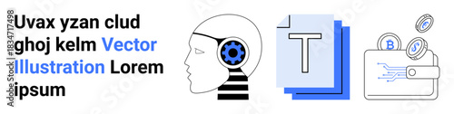 Artificial intelligence, digital finance, document management, technology innovation, automation, and virtual systems. Human head with gear, digital wallet and document icons. Artificial