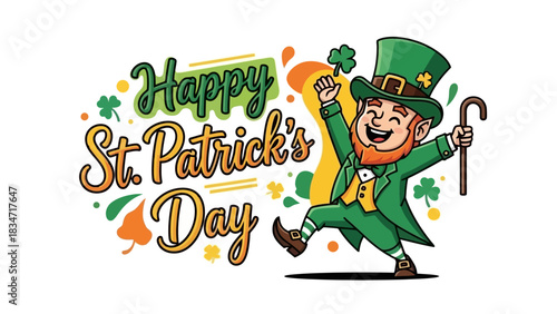 Whimsical leprechaun cartoon celebrating a festive Irish holiday with shamrocks and vibrant green and orange typography, perfect for seasonal designs