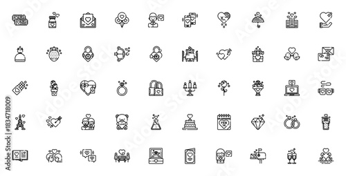Valentines Day icon set. Romantic vector illustratios. Featuring love letter, ngagement ring, couple, chcolate, cupid, bouquet, git, kiss and more. Editablestroke.