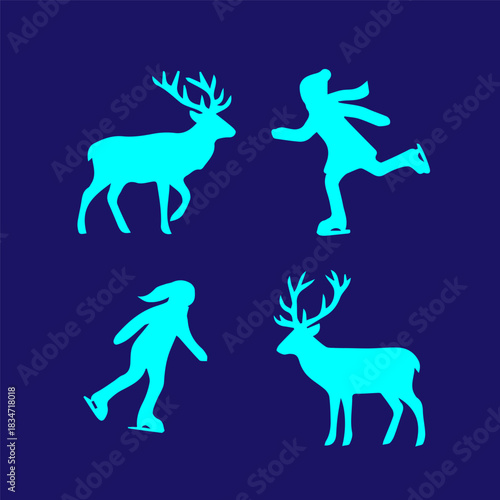 Graceful Winter Silhouettes Majestic Deer and Energetic Ice Skaters Design Elements