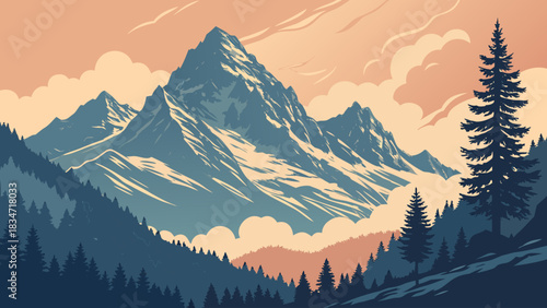 Illustration of a mountain range with snow capped peaks and a forest of pine trees in the foreground