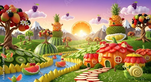 Whimsical Fruit and Vegetable Fantasy Landscape.