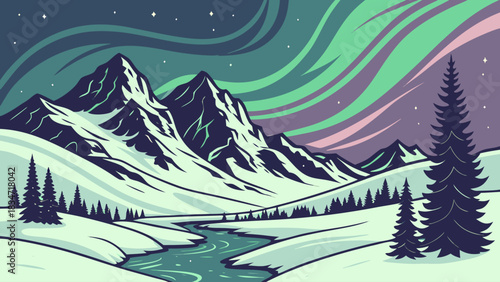 Illustration of snow covered mountains with river and aurora borealis in the night sky scene