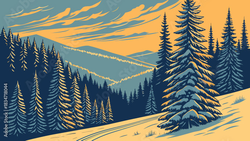 A scenic winter landscape featuring snow covered trees and distant mountains under a cloudy sky view scene