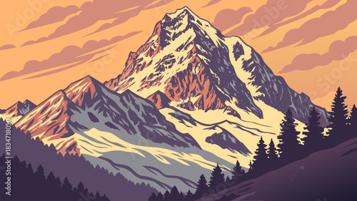 Illustration of a majestic mountain range with snow capped peaks and a forest landscape view scene