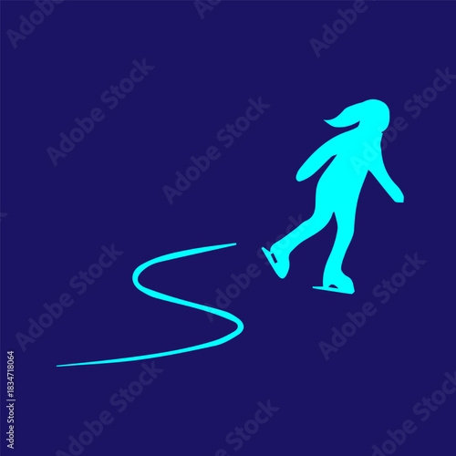 Blue icon graceful female ice skater in fluid motion on dark background, symbolizing winter sport