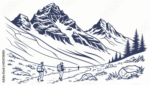 Illustration of hikers on a mountain trail with backpacks under a mountain range with trees and rocks