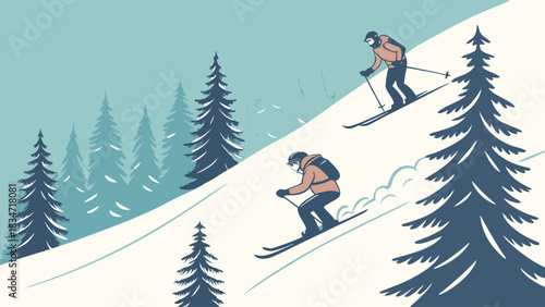 Two skiers descend a snowy slope amidst evergreen trees on a winter day in a mountain landscape