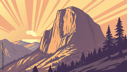 Illustration of half dome mountain with sun rays over forest and mountains in a scenic landscape