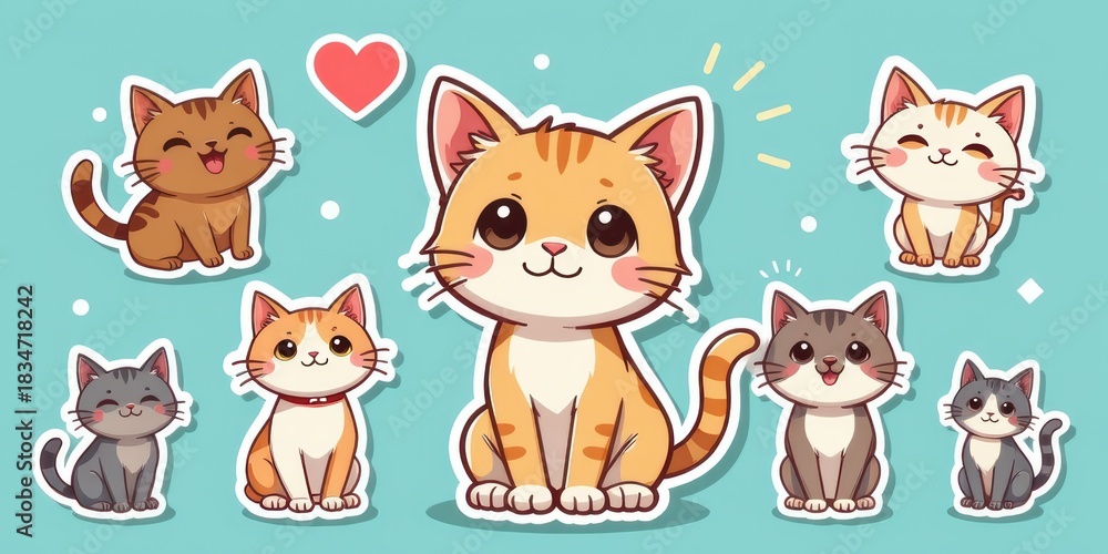 Fototapeta premium Cute cartoon cats with various expressions and colors on a playful background.