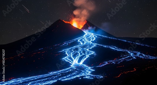 Spectacular Night Eruption of a Volcano with Glowing Blue Lava.
