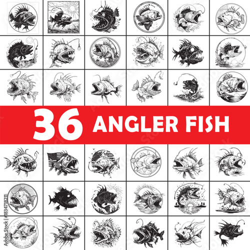 Angler Fish Silhouette Bundle – 36 Deep Sea Predator Illustrations, Monster Fish Clipart, Vintage Engraving Style Ocean Creature Vector Set for Digital Art and Craft Projects