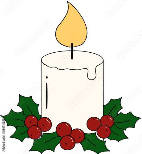 christmas candle with holly and berries